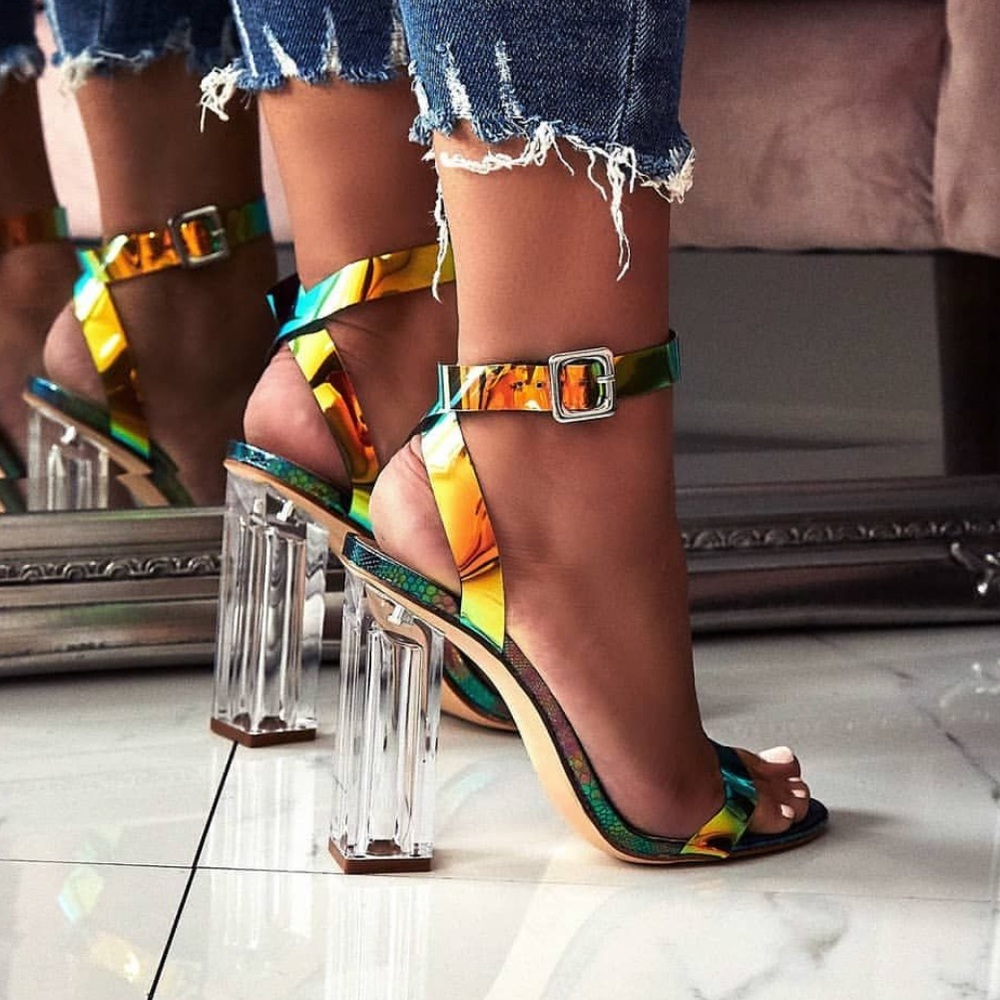 CLEAR BLOCK HIGH HEEL OPEN TOE ANKLE STRAP